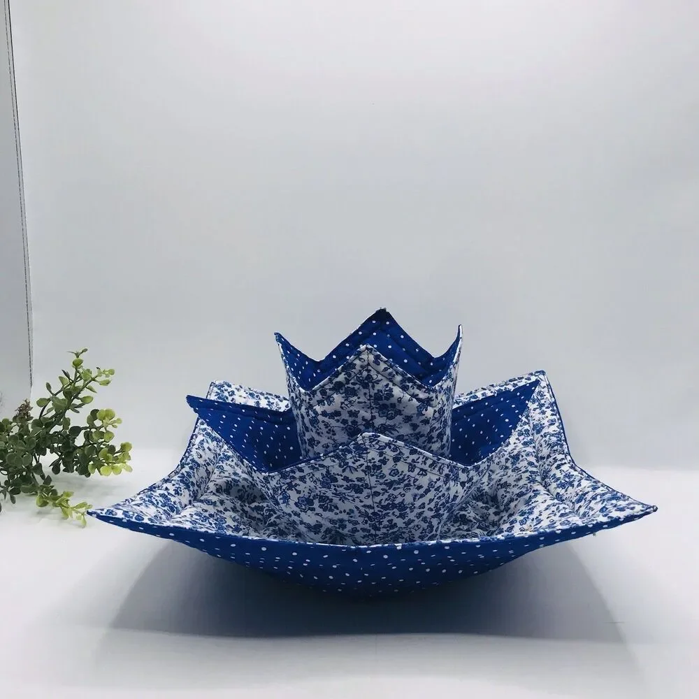 3 Piece Set Microwave Cozies, Reversible Colonial Blue Floral, Plate, Bowl, Pint